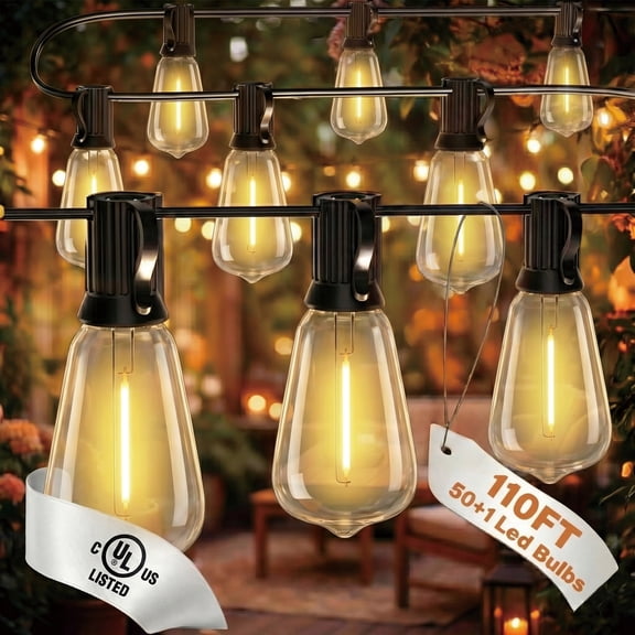 Mylorn 2FT Spacing 110FT Outdoor String Lights with ST38 LED Bulbs, 50 2 Vintage Tubular Bulbs, 2700K Warm Dimmable Patio Lights, Waterproof Connectable for Large Backyard, Garden, Bistro Decor