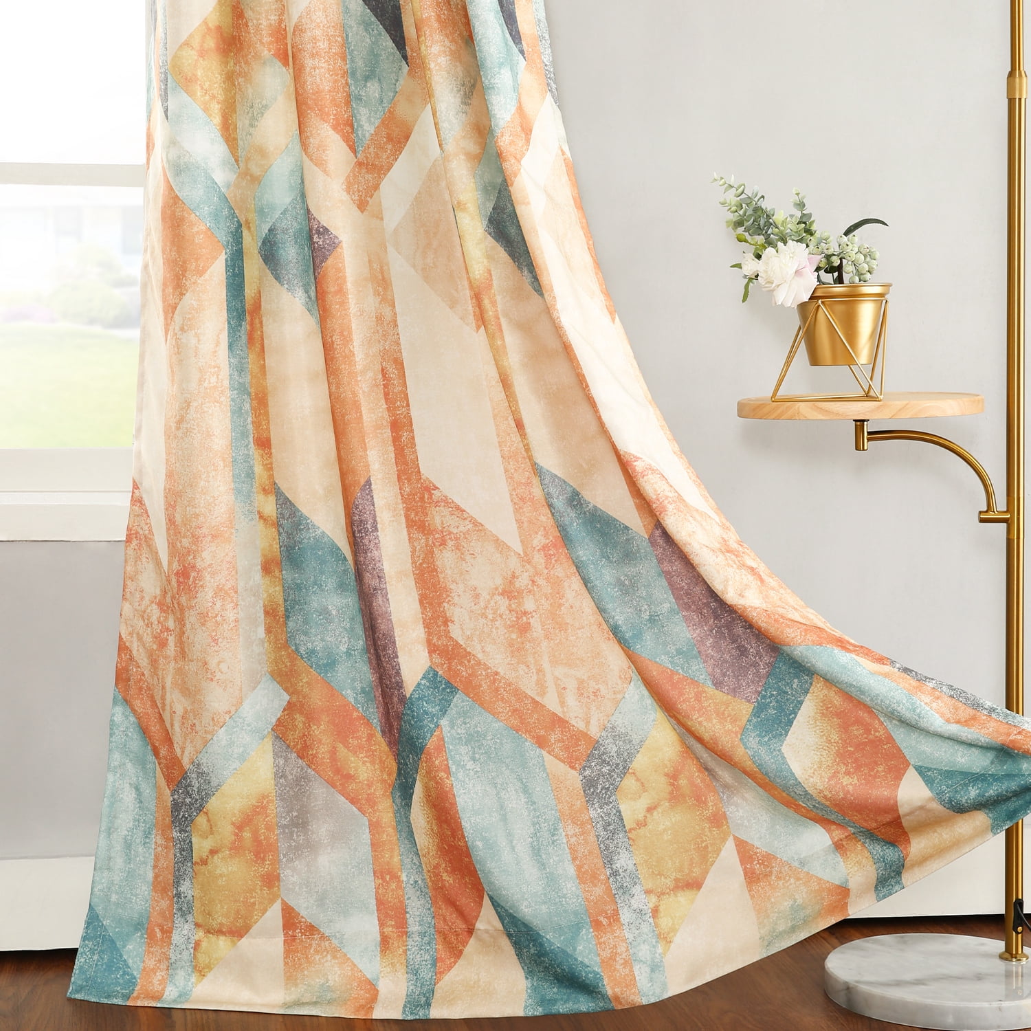 VOGOL Room Darkening Protect Privacy Drapes, Geometric Drapes for Bookroom Sliding Door, 2 Panels Linen Grommet Curtains, Orange