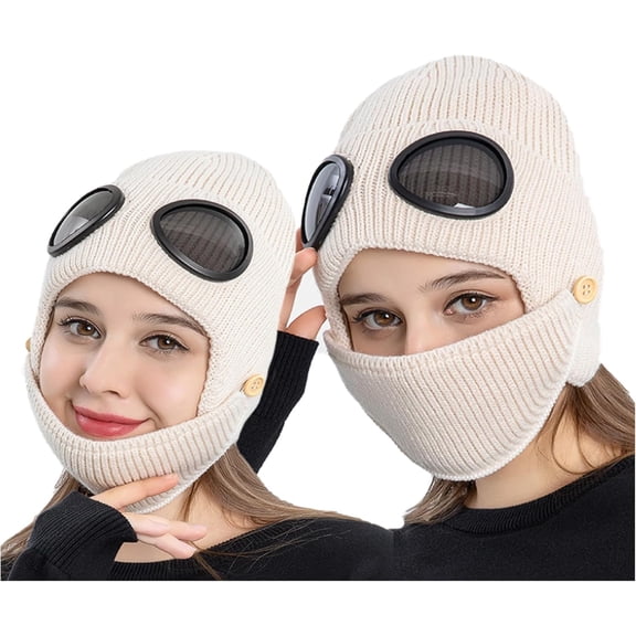 3-in-1 Unisex Knitted Goggles Beanie with Built-in Goggles and Detachable Mask, Thermal Beanie for Skiing and Outdoor Cold Weather Activities