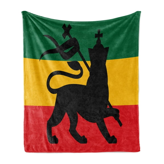 Rasta Soft Flannel Fleece Throw Blanket, Rastafarian Flag Judah Lion Reggae Music Inspired Design Image, Cozy Plush for Indoor and Outdoor Use, 60" x 80", Yellow Black, by Ambesonne