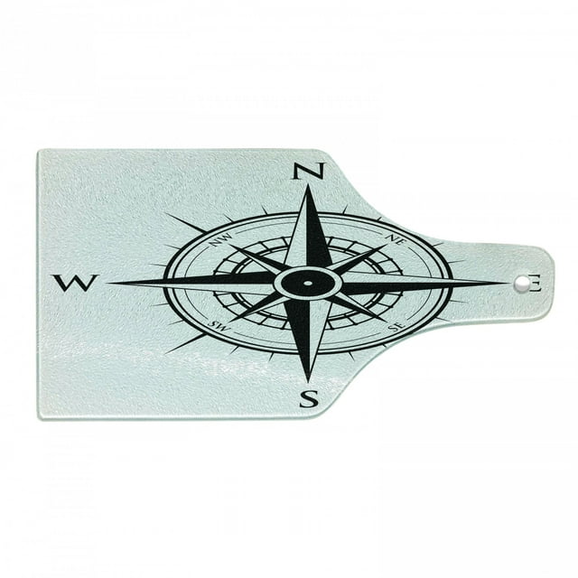 Compass Cutting Board, Prehistoric Navigation Technology on the Sea Discovery of the World Travel Voyage, Tempered Glass Cutting and Serving Board, Wine Bottle Shape, Black White, by Ambesonne