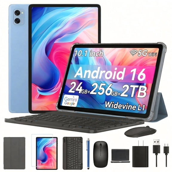 Tablet 2026 Android 16 Tablets with 10.1 Inch Incell Display, 24GB RAM 256GB ROM /2TB TF, Gemini AI, T606 Octa-Core 8MP Camera, 5000mAh, Widevine L1, 2 in 1 Tablets with Keyboard Mouse Stylus, Blue