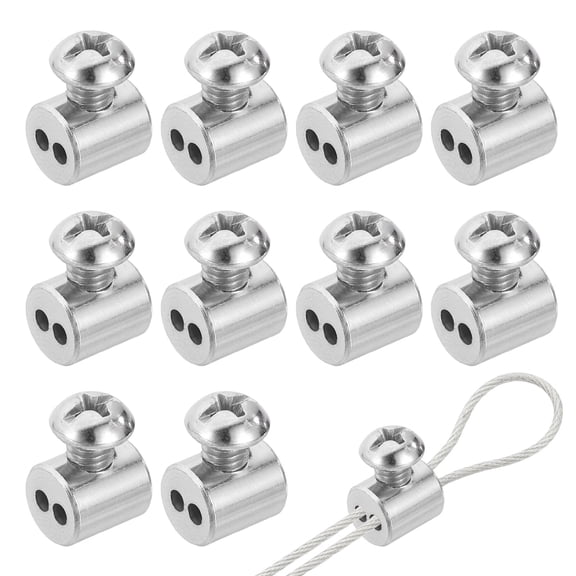 Uxcell 10Pcs 1/16" Wire Rope Cable Clip Clamp for 1-2mm Cable, Double Hole Cylinder Wire Rope Clamps with Cross Head Screws Stopper for Chandelier Ceiling Lighting String Light
