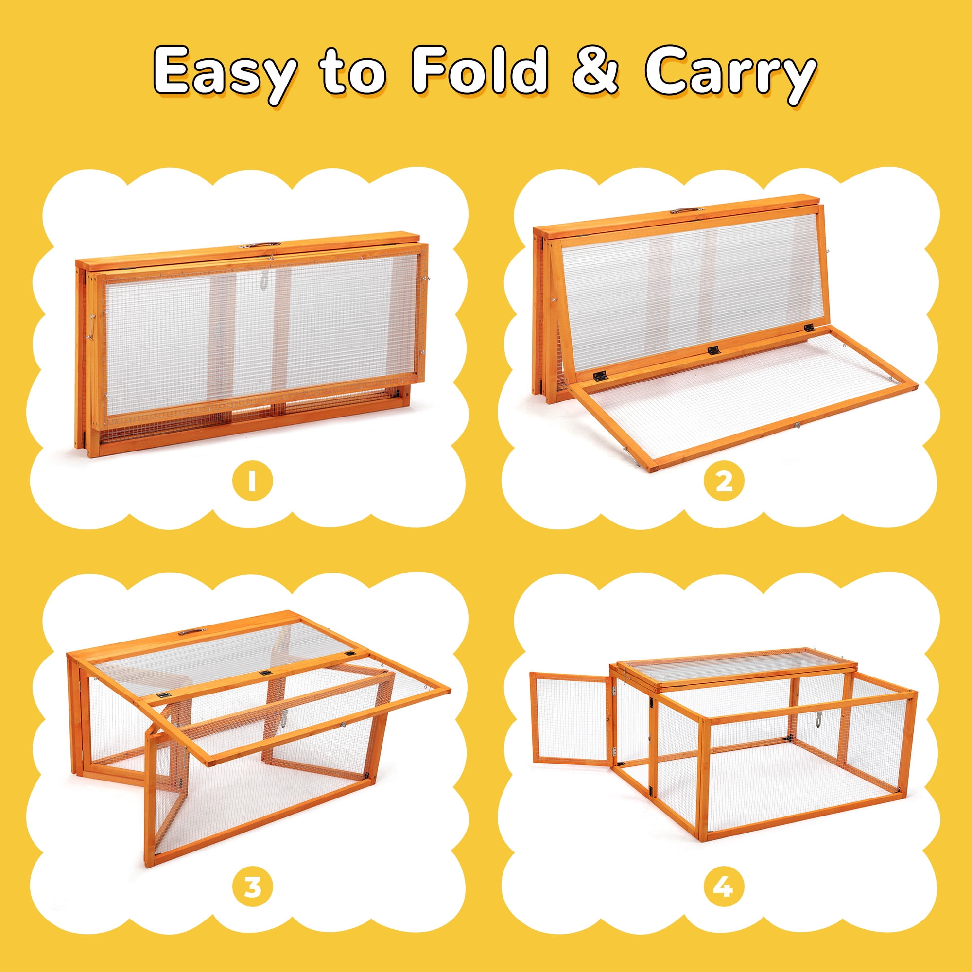 Folding Rabbit Hutch, Portable Wood Chicken Coop Run, Outdoor Pet Cage with Openable Sun Panel Top