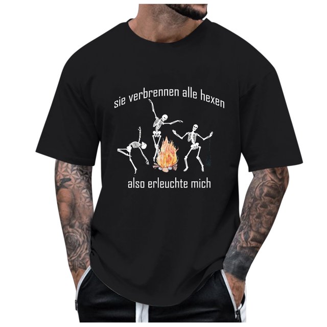 AWZXDE T-Shirts pour Hommes Imprimé Thème Halloween Col Rond Décontracté Graphique Feu Grande Taille Chemise Imprimée Couleur Unie Manches Courtes pour Confort et Style
