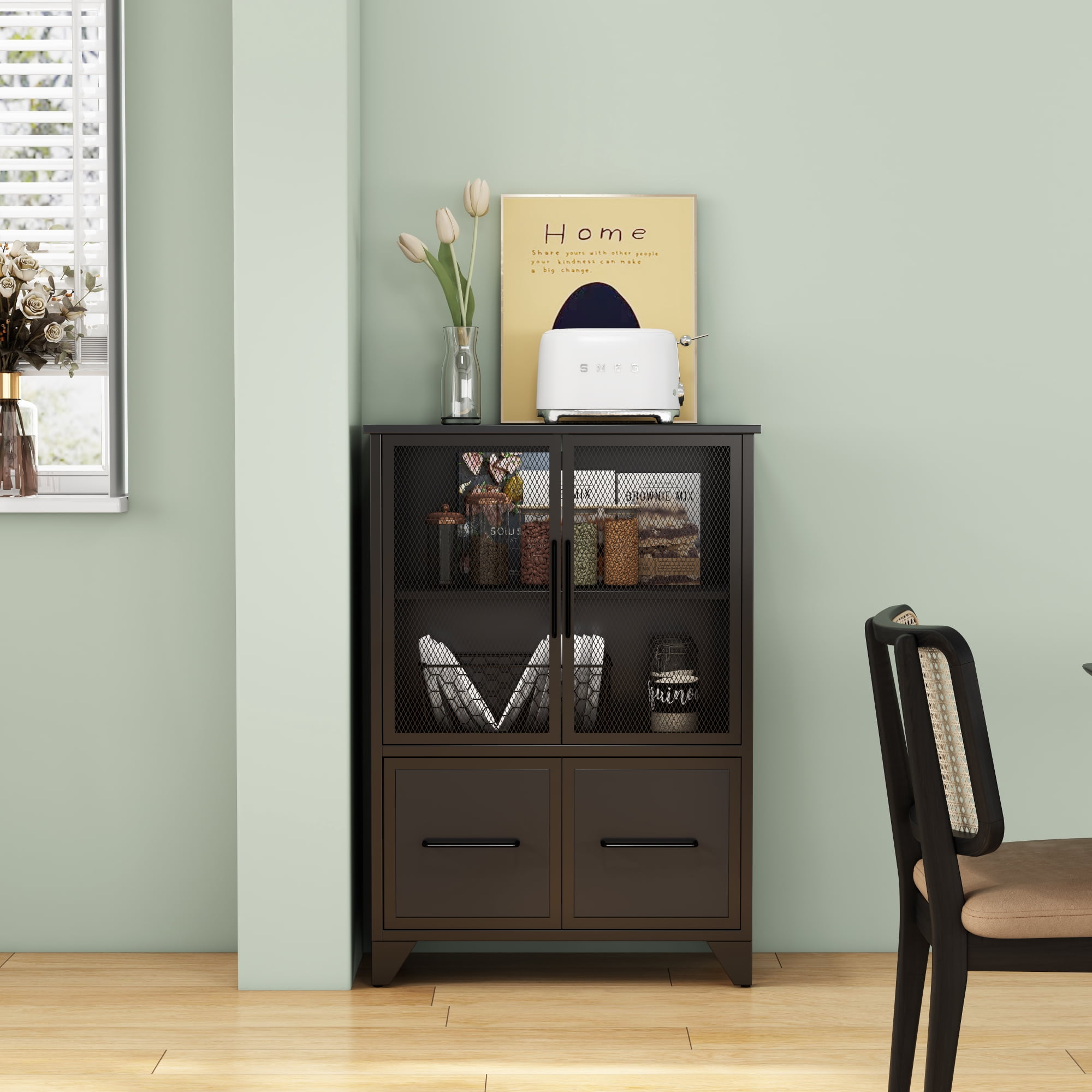 Storage Cabinet,3-Tier Farmhouse Kitchen Sideboard With Adjustable Shelf & 4 Iron Doors for Living Room,Kitchen,Black