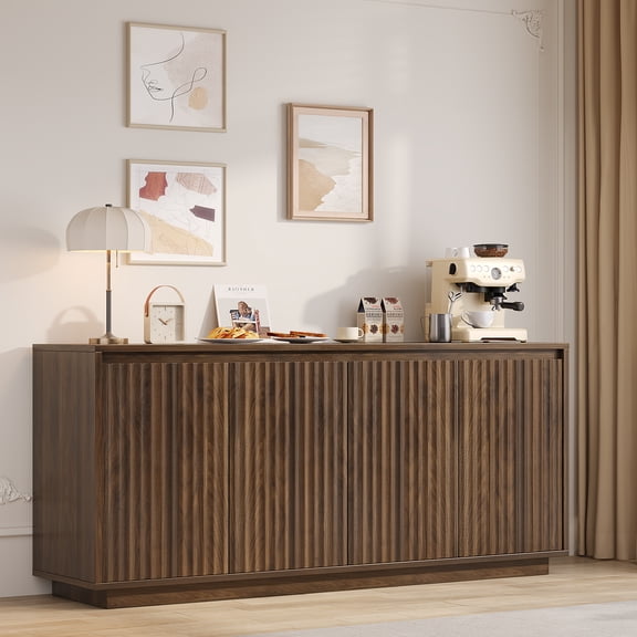 Laintene Sideboard Buffet Cabinet with Storage, 63" Mid-Century Fluted Storage Cabinet with 4 Doors and Adjustable Shelves, Accent Sideboard for Dining Room, Living Room, Entryway, Walnut