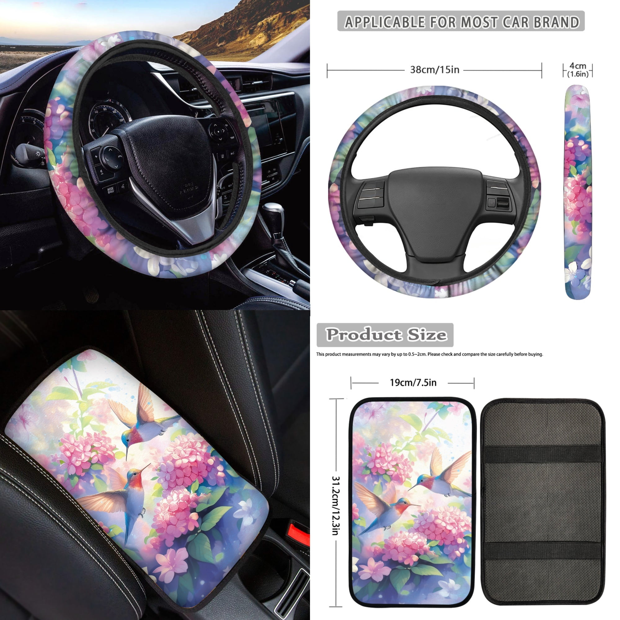 Jeiento Hummingbird Auto Interior Accessories Set, 17 Piece Front and Rear Car Seat Covers Full Set with Seat Belt Pads Armrest Cover Steering Wheel Cover Hydrangea Floor Mats