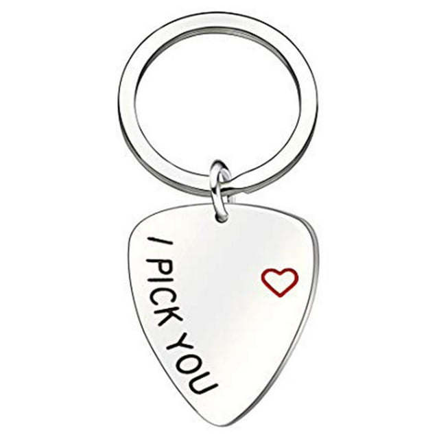 I Pick You Keychain. Engraved Guitar pick Steel Key Chain