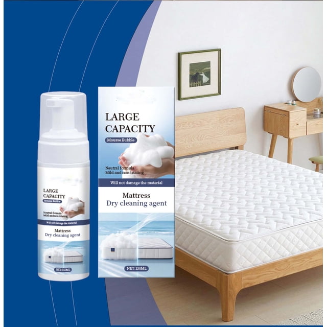 limpiadores domésticos limpiador de colchones quitamanchas 150 ml potente limpiador de manchas amarillas para colchones orina sudor limpiador de acción rápida incluso manchas viejas quita manchas sin. Envase azul de 150 ml con dosificador de espuma y caja junto a un colchón blanco acolchado en una recámara; etiqueta 'Mattress Dry cleaning agent'. Indicado para colchones, tapicería, cabeceras y alfombras, acción rápida y tecnología de secado en aire sin enjuague; suele usarse también en sofás y fundas de asiento.