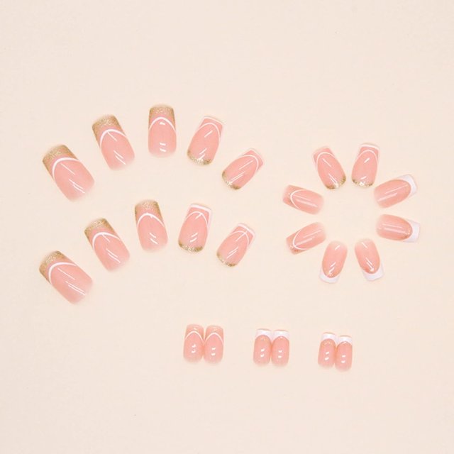 24 piezas de uñas postizas cortas cuadradas blancas, uñas francesas con purpurina