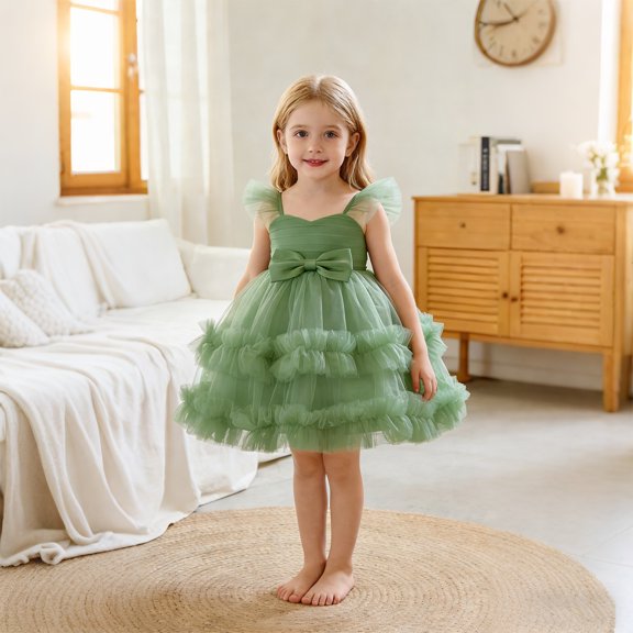 ZHOGXU Big Kids Girls Dress Sleeveless Solid Color Bow Design Mesh Comfortable Stylish Tutu Dresses For Formal Occasion Performance Green 18-24 Months