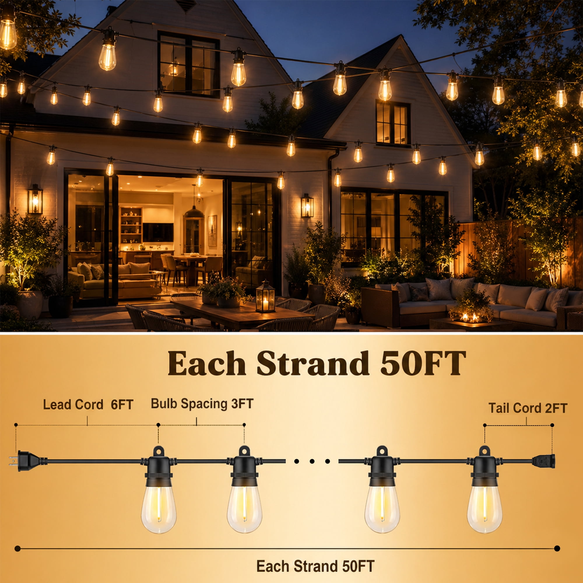 DAYBETTER S14 Outdoor String Lights, 100ft(2*50ft) Waterproof Hanging Lights, with 30 Shatterproof EdisonBulbs, for Garden Patio