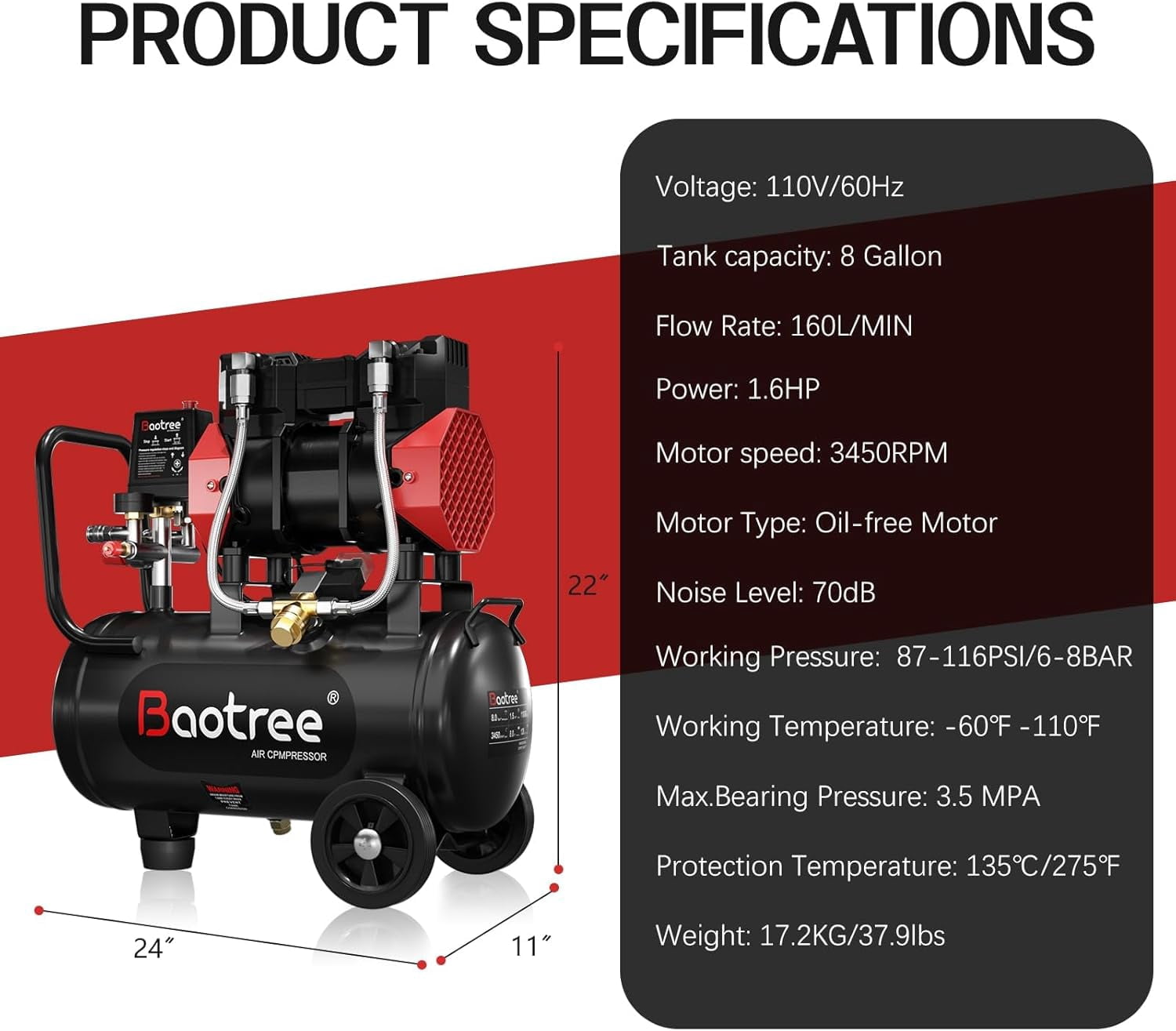 8Gal Portable Ultra Quiet Air Compressor, Max 115PSI 1.5HP 4.52CFM 70dB Low Noise Oil-Free Air Compressor for Auto Repair, Bike Tires, Garage Spray Painting 110V/60Hz