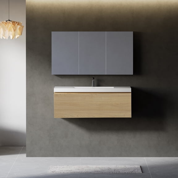 Yoneston 42" Floating Bathroom Vanity, Modern Wood Wall-Mounted Striped Bathroom Storage Cabinet with Soft Close Drawer and Glossy White Solid Surface Basin, Natural