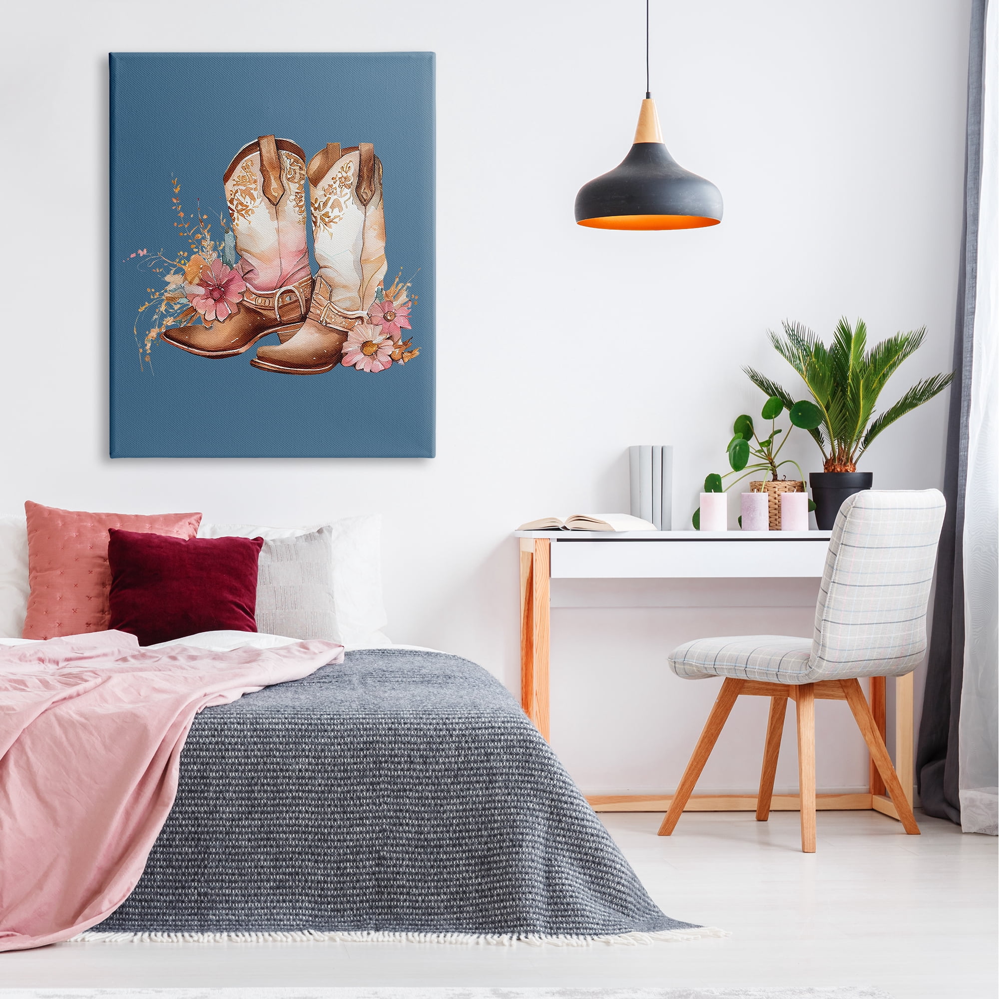 Stupell Industries Floral Cowgirl Boots on Blue Beauty & Fashion Painting Gallery Wrapped Canvas Art Print Wall Art, 36 x 48