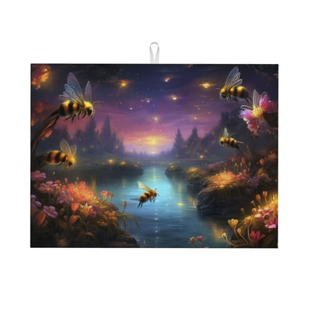 

Dish Drying Mats for Kitchen Counter - Magical Bees Twilight River 18x24in Dish Drying Pad Coffee Mat with Hanging Loop Super Absorbent Kitchen Counter Mat Coffee Bar Accessories