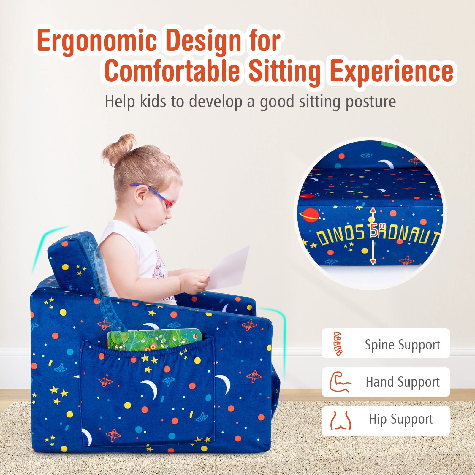 Infans 2-in-1 Convertible Kids Sofa to Lounger Flip-Out Chair w/Storage Pocket