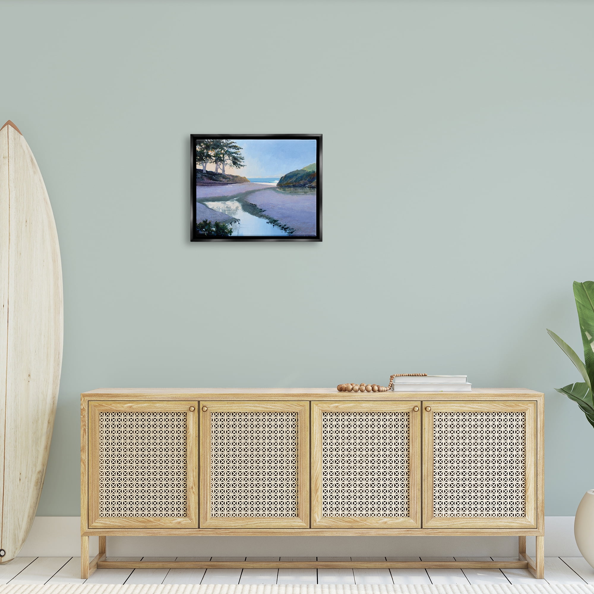 Stupell Seaside Riverbank Beach Shore Landscape Painting Black Floater Framed Art Print Wall Art