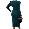 thumbnail image 3 of Vestido Midi de Fiesta para Mujer, Cuello Redondo, Color Liso, Abertura Lateral, Corte Ajustado, Larga Verde Oscuro M, 3 of 7