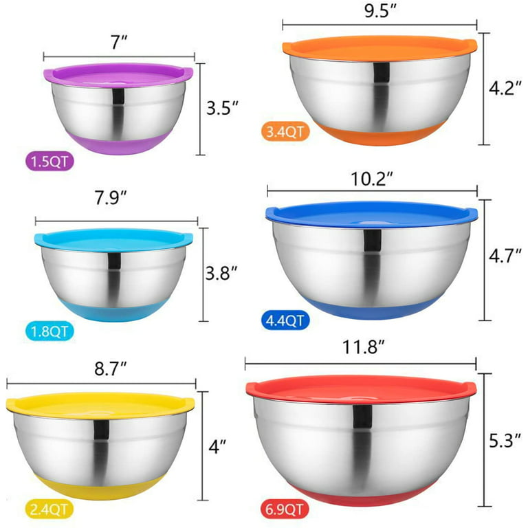 Walchoice Mixing Bowls with Lid Set of 6, Stainless Steel Metal Nesting Bowls for Cooking, Baking, Preparing, Serving, Size 4.5/3/2.5/1.5/1/0.7 qt 