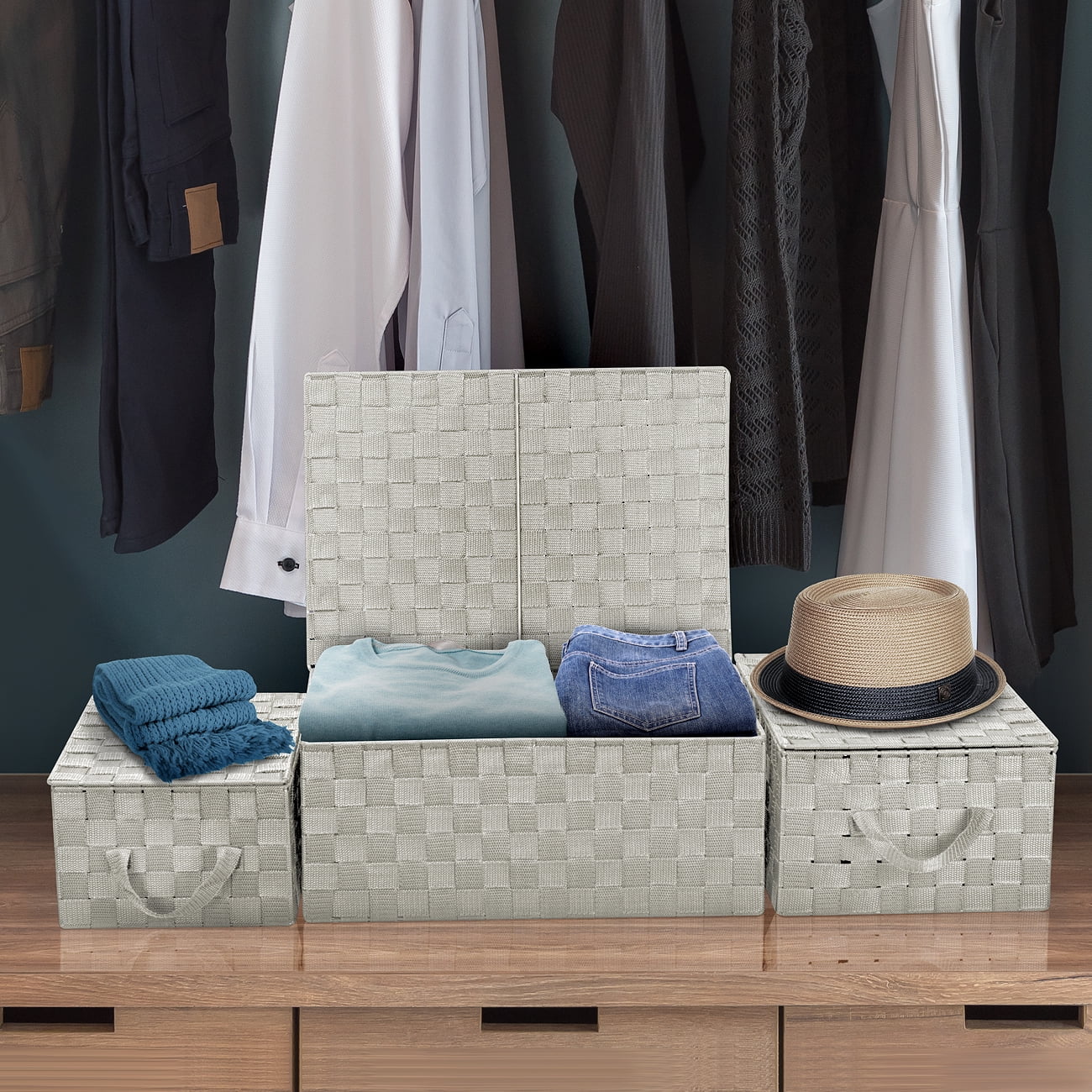 Sorbus Set of 3 Woven Storage Basket for Organizing with Lid, Mesh Hand (Beige)