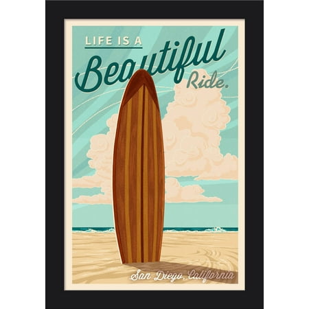San Diego, California - Life is a Beautiful Ride - Surfboard - Letterpress - Lantern Press Poster (12x18 Giclee Art Print, Gallery Framed, Black