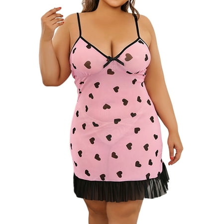 LapaPlus Women Plus Size Lingerie Heart Printed Mesh Babydoll Chemise Sleepwear 5XL