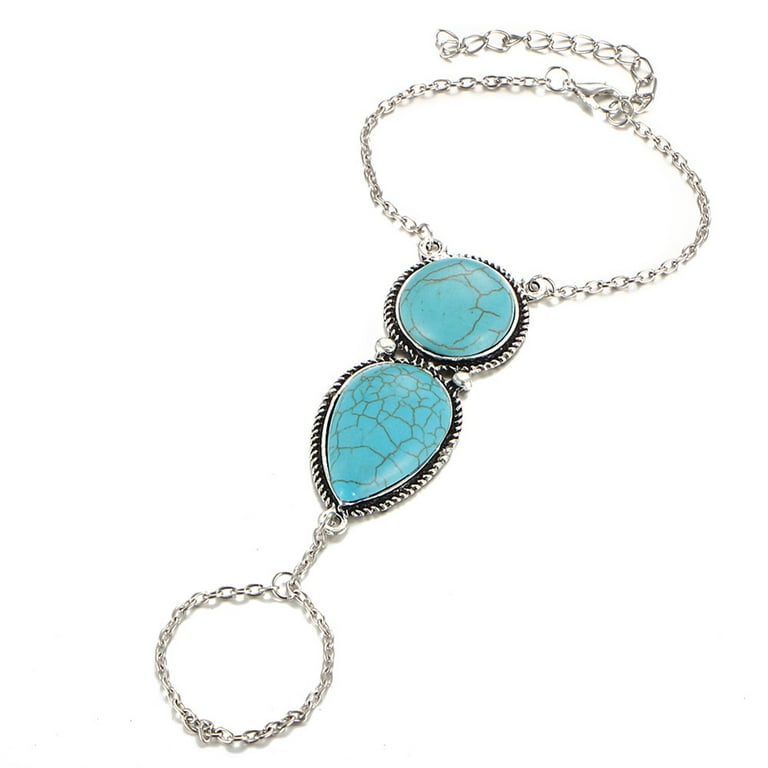SPRING PARK Women Boho Antique Silver Bracelet Metal Hand Chain Ring  Turquoise Blue Jewelry
