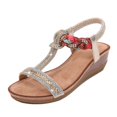 thumbnail image 1 of Womens Wedge Sandals Summer Rhinestone Beaded Platform Sandals Breathable Cutout Open Toe Elastic Band Dress Sandals Comfy Elastic Slingback T Strap Mid Heeled Beach Sandals Shoes for Women Girls, 1 of 5