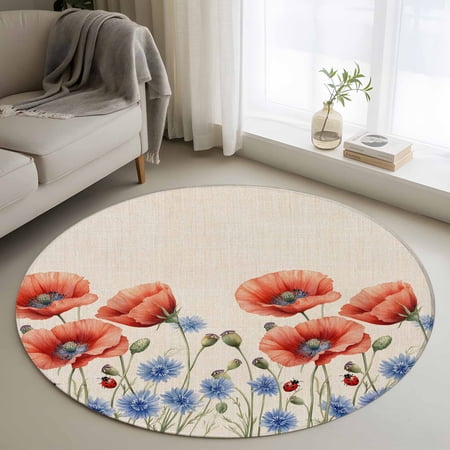 Country Red Blue Concubine Washable Round Area Rug 3.3 ft, Independence Day, Soft Non Slip Rugs Stain Repellent Indoor Felt Carpet for Living Dining Room Bedroom Home Office