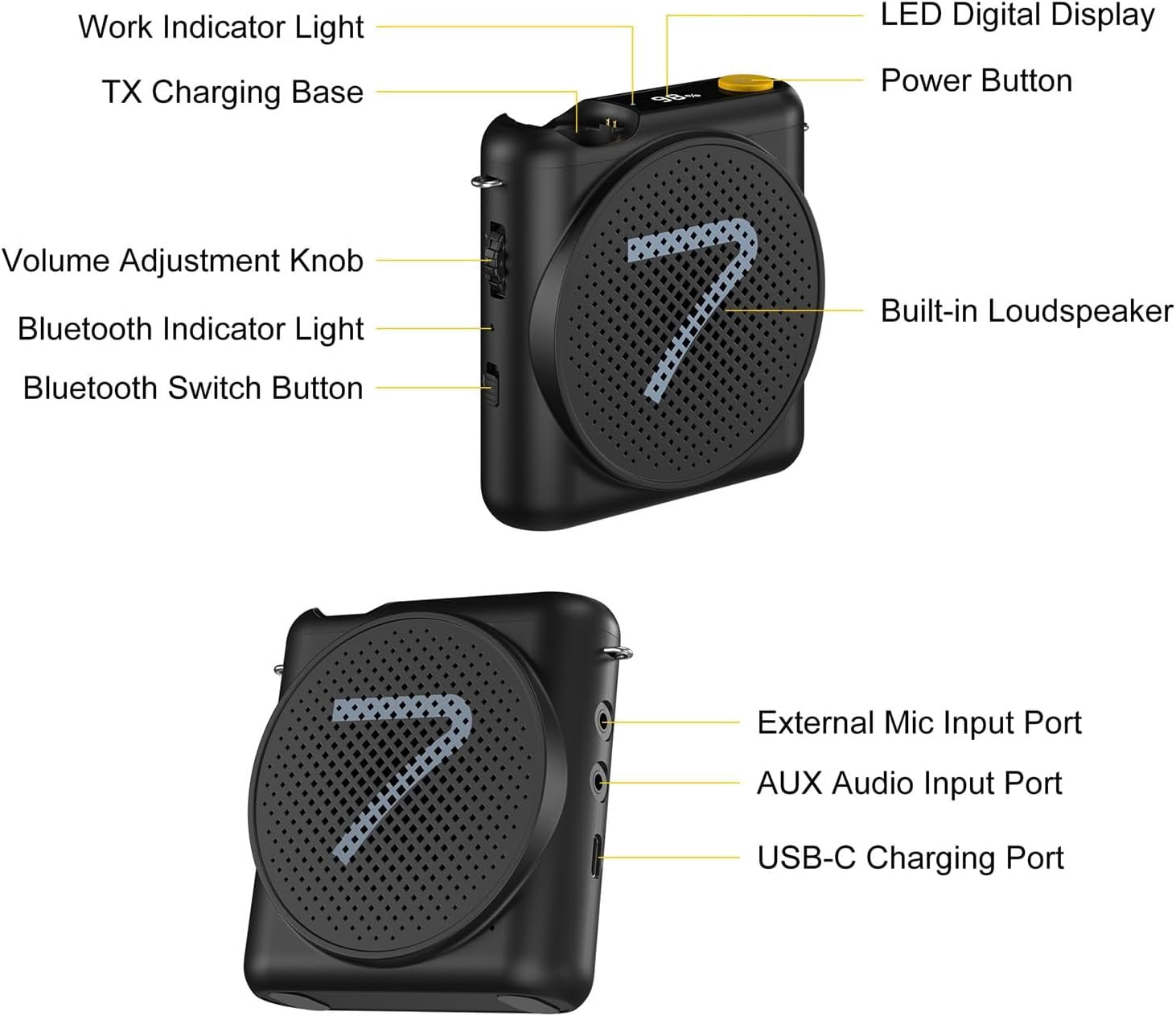 WA2 Voice Amplifier for Teachers with Wireless Lavalier Microphone,Portable Speaker for Classroom,Speech,Training Outdoor,Mini Speaker Clip-On Mic- Noise Canceling,164ft Range,23H Working-Black