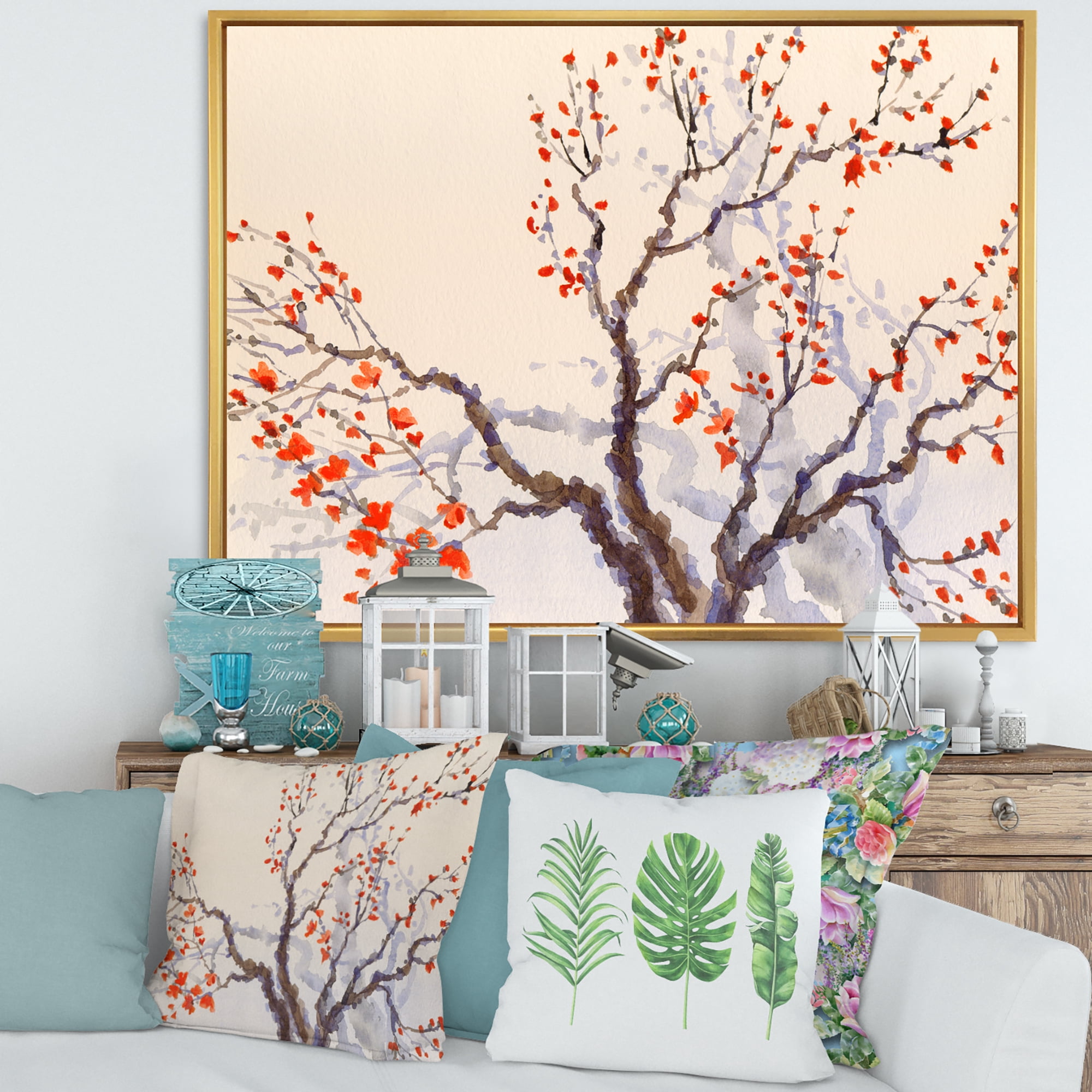 Designart 'Buds and Red Flowers On The Spring Blossoming Tree' Traditional Framed Canvas Wall Art Print