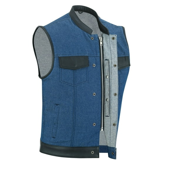 Daniel Smart Men's Vest - Denim Leather Detailing Motorcycle Vest for Men's Scoop Collar Design