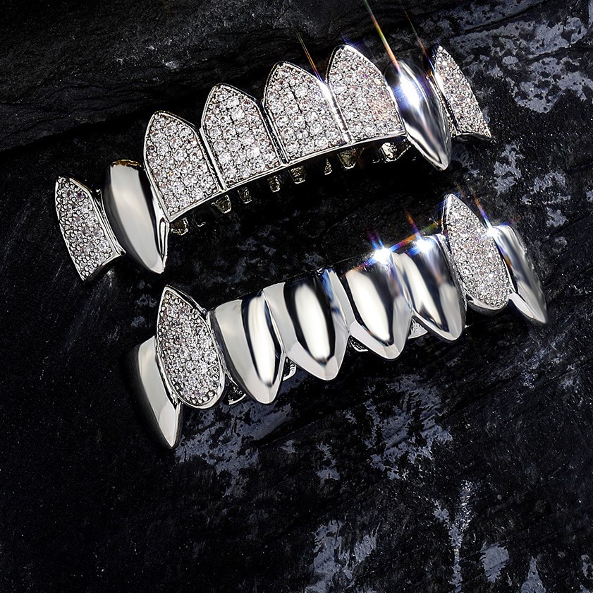 Copper Zirconia Vampire Fangs Grillz Set, Gold & Silver Tone Iced