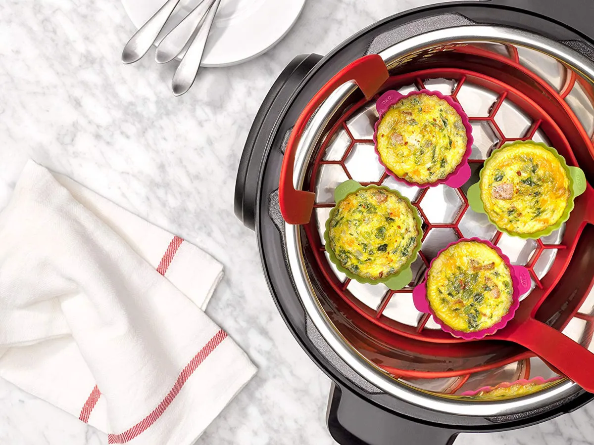 OXO Silicone Pressure Cooker Set – 3 Piece Egg Steamer Basket, Cooking Rack & Rack Handles – Red, Yellow, Green