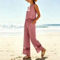 thumbnail image 6 of Women's 2 Piece Cotton Linen Outfit, Lace Trim Sleeveless Tank Top & Wide Leg Pants Casual Matching Set with Pockets, Pink M, 6 of 9