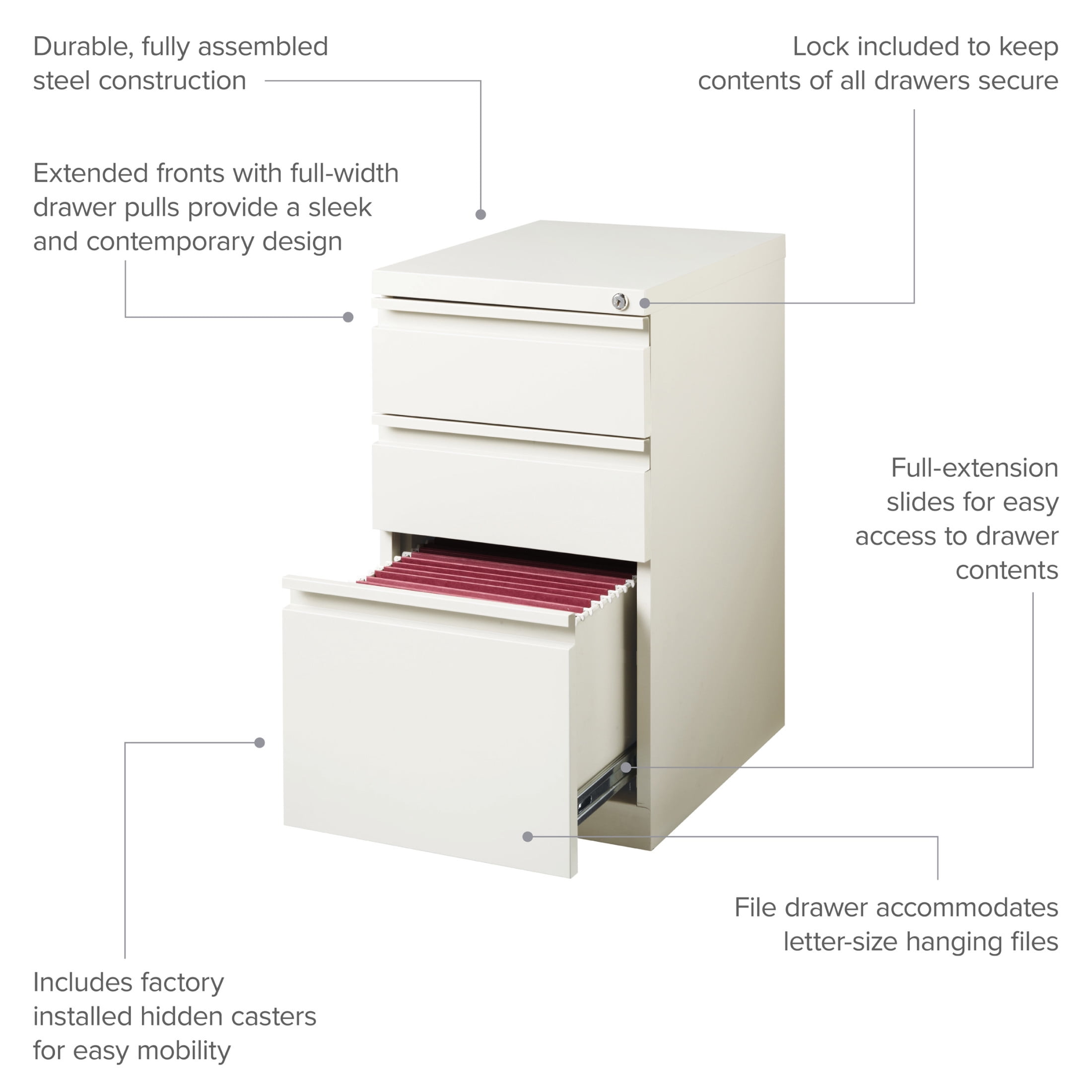 Hirsh Pro 20" Deep Mobile Pedestal File Cabinet 3 Drawer Box-Box-File, Letter Width, White