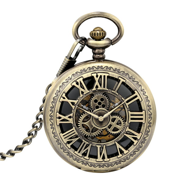 Mechanical Pocket Watch Bronze Case Gear Design Roman Numeral Hollow Retro  Xmas Fathers Day Gift