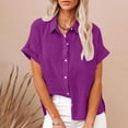 thumbnail image 2 of Women 2025 Causal Summer Blouses Button Down Short Sleeve Shirts Gauze Cotton Linen Tops Vacation Trendy Outfits Purple S, 2 of 8