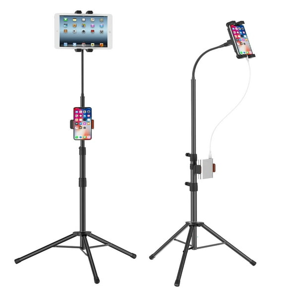 LIUGAST Support Trépied pour Ipad, Col de Cygne 63 Pouces Support au Sol pour Tablette, Support au Sol pour Ipad Trépied avec Support Rotatif à 360° pour Mini, Air, Pro et Toutes Tablettes et Téléphones de 4.7-11.9 Pouces