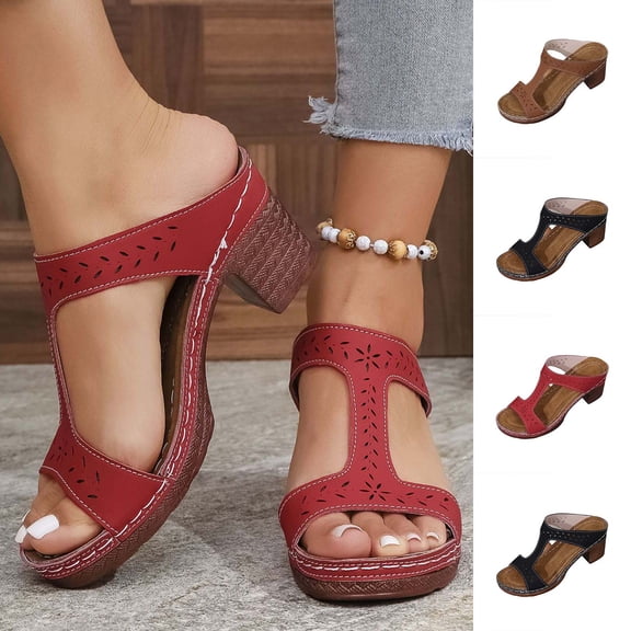 Miluxas Block Heel Sandals for Women, Open Toe T Strap Hollow Out Platform Slip On Platform Sandals Women Red 9.5(43)