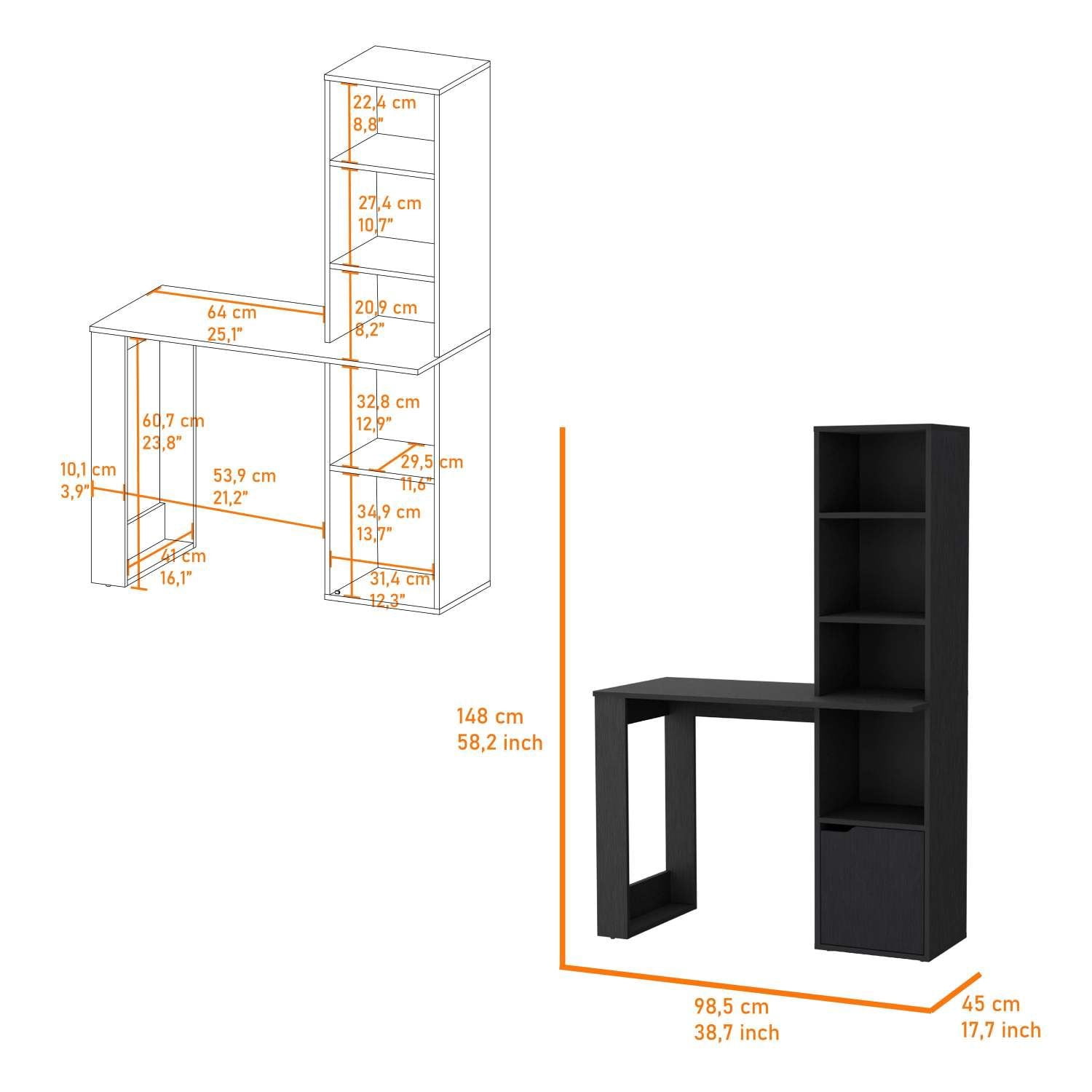 Asteroutdoor Computer Desk with 4-Tier Bookcase and 1-Door Cabinet, Wenge