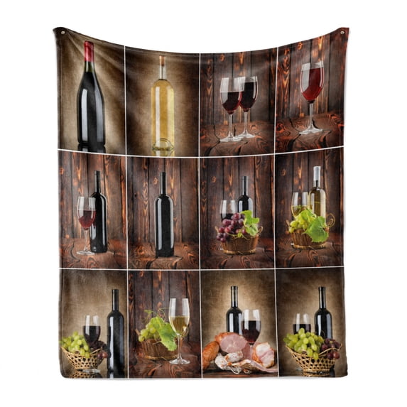 Wine Soft Flannel Fleece Throw Blanket, Drink Themed Collage on Wooden Backdrop Grapes and Meat Rustic Country Theme, Cozy Plush for Indoor and Outdoor Use, 70" x 90", Brown Black Red, by Ambesonne