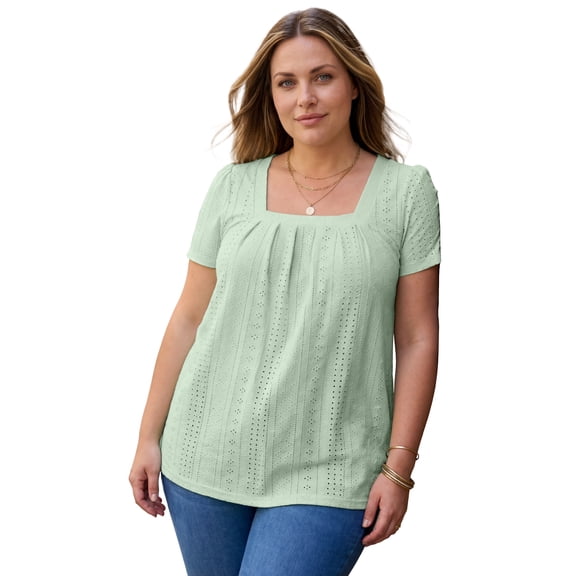 Roaman's Women's Plus Size Square Neck Eyelet Tunic
