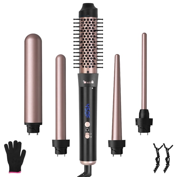5 in 1 Curling Wand Hair Curling Iron Brush Anti-Tangle Hair Thermal Brush Curler with 4 Heating Levels 360° Rotatable Cable 5 Interchangeable Barrels
