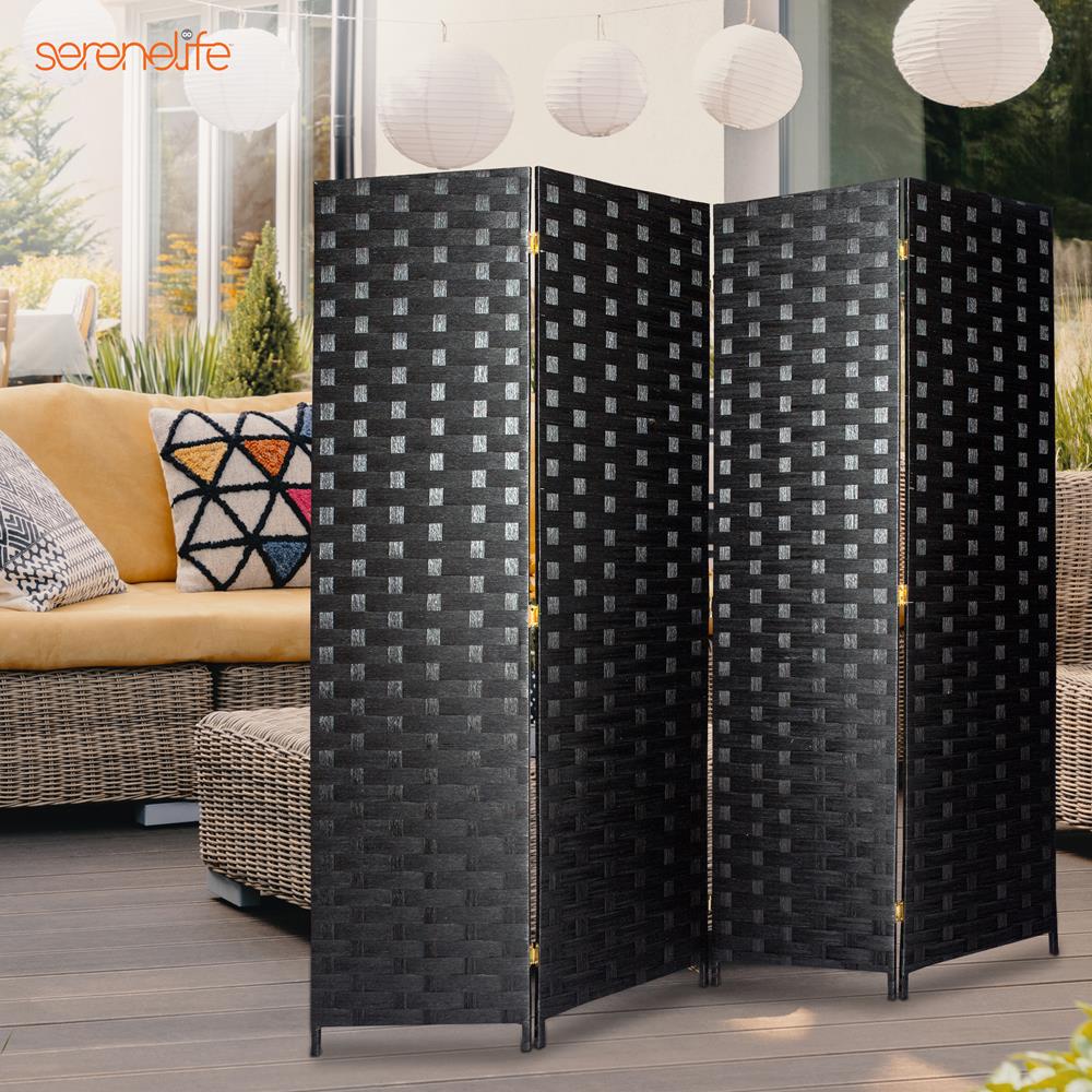 SereneLife 4-Panel Portable Lightweight Freestanding Indoor Foldable Woven Fiber Room Divider, Black