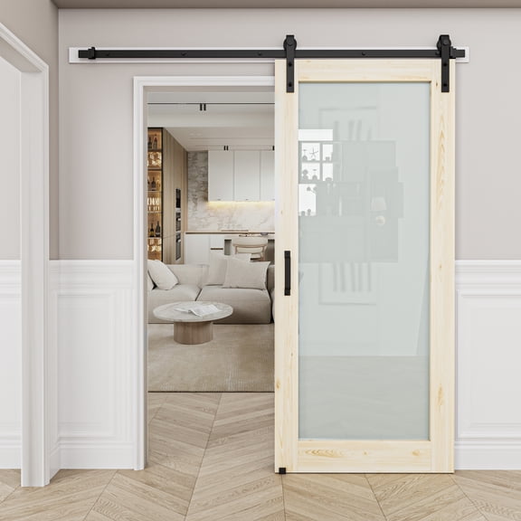 36" x 80" Frosted Glass Solid Pine Wood Sliding Barn Door with Installation Hardware Kit(No Assembly Required)