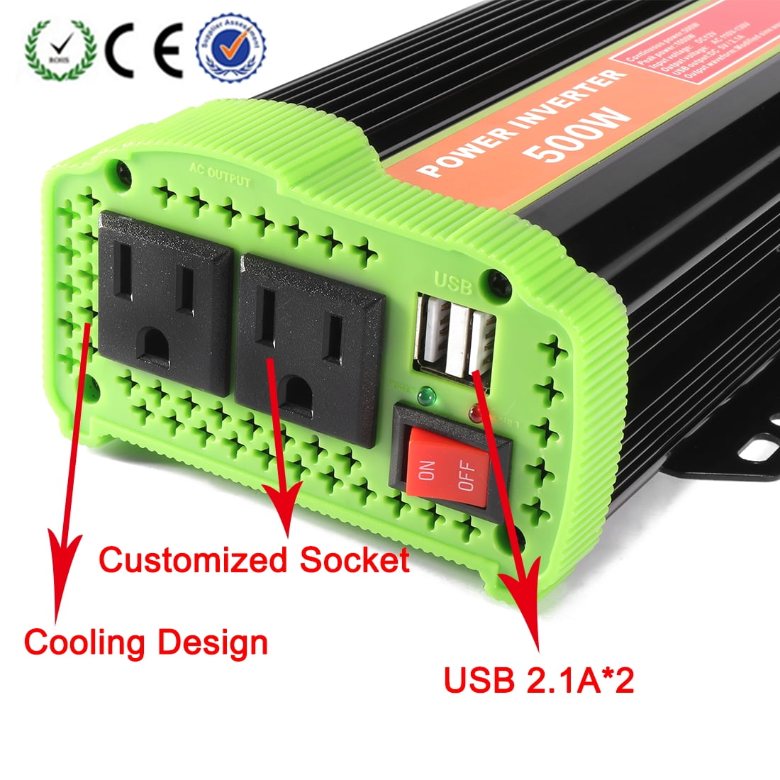 500W Power Inverter DC 12V to AC 110V130V with 2.1A Dual USB Car