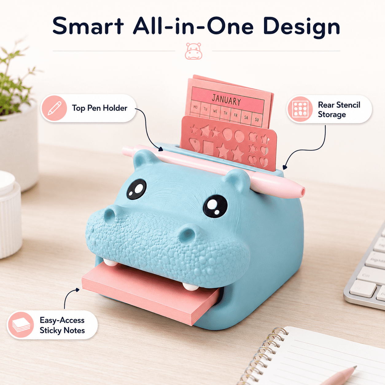 Highland Cow Note Holder, Sticky Note Holder and Dispenser with Stencil Set, Cute Desk Hippo-Campus Organizer with Pen Holder and Photo Slot, Compatible with Post It Notes, Fun Office Desk Accessory